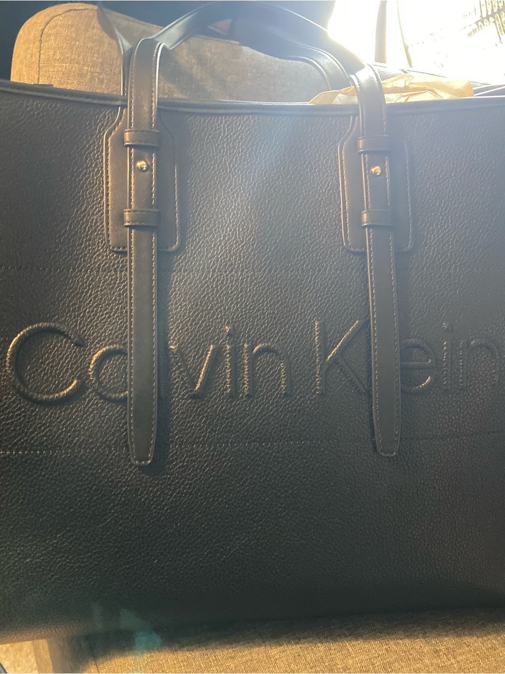 Calvin Klein Black Leather Embossed Logo Briefcase Tote